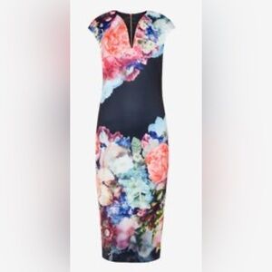 Ted Baker Black Floral-Print Cap-Sleeve Midi Dress